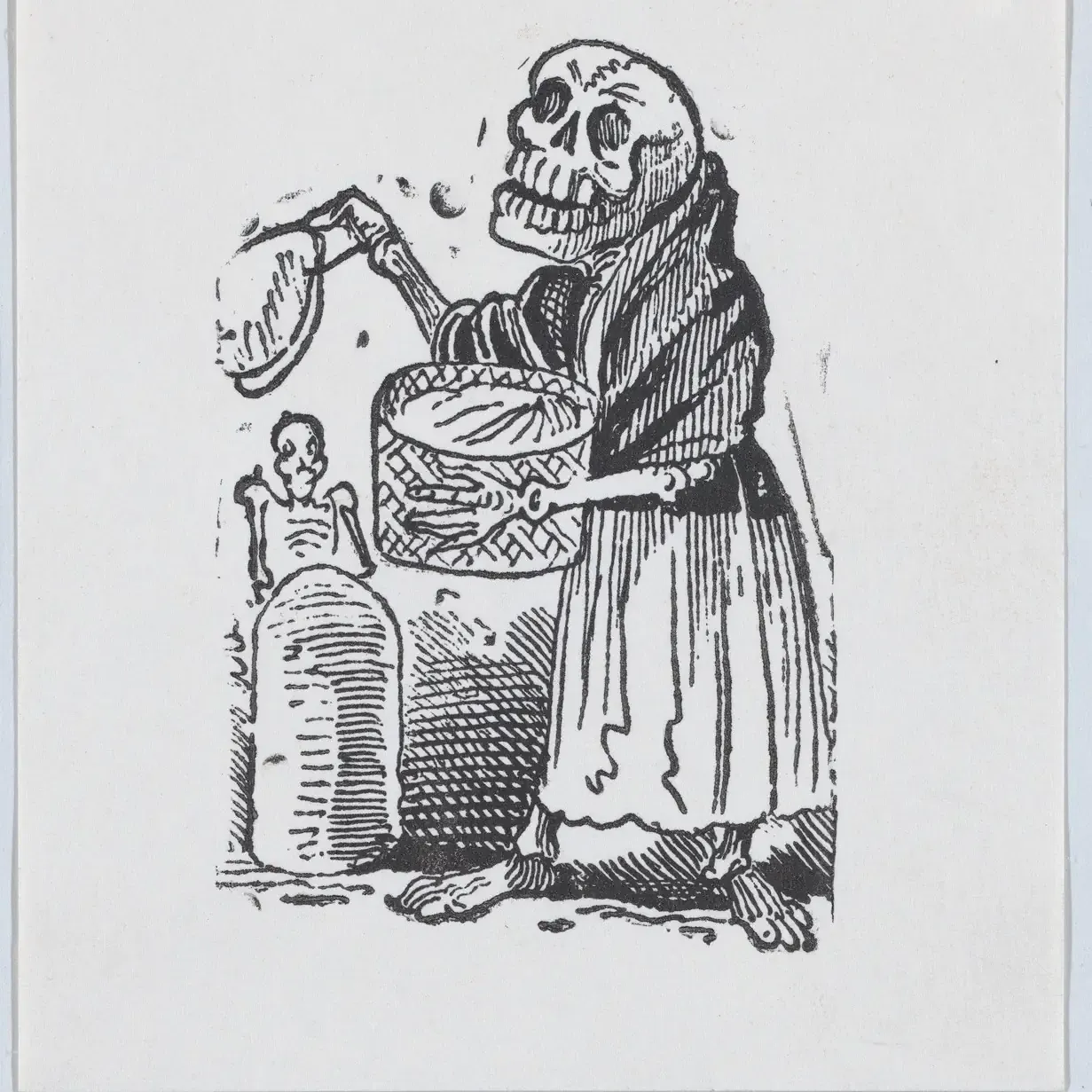 Calavera con rebozo vende tortillas de un chiquihuite, en un grabado que ilustra el precio de la tortilla por estado