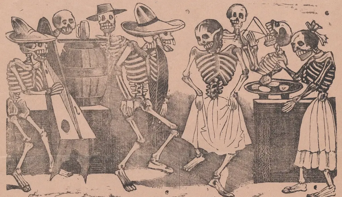 Calaveras con sombrero bailan y beben de un barril en una fiesta, en un grabado que ilustra esta receta de ponche de frutas