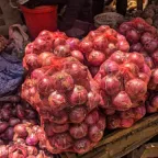 Cebollas moradas empacadas en costales de malla roja, apiladas para la venta al mayoreo