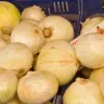 Cebollas blancas grandes apiladas en un puesto de mercado, con la cáscara seca y brillante