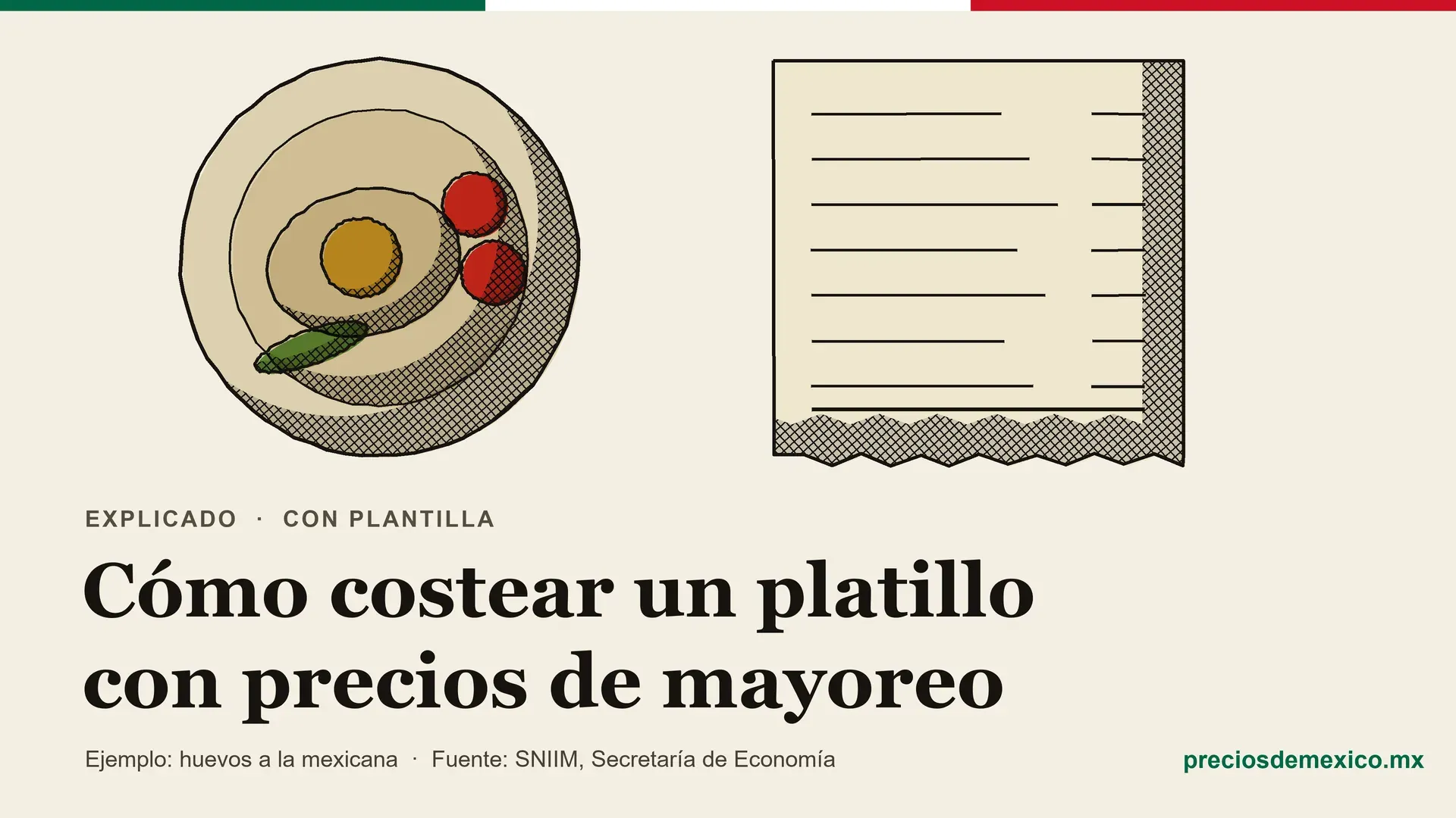 Ilustración de tinta y acuarela: un plato con huevo estrellado, jitomates y chile, junto a un recibo con renglones de costos