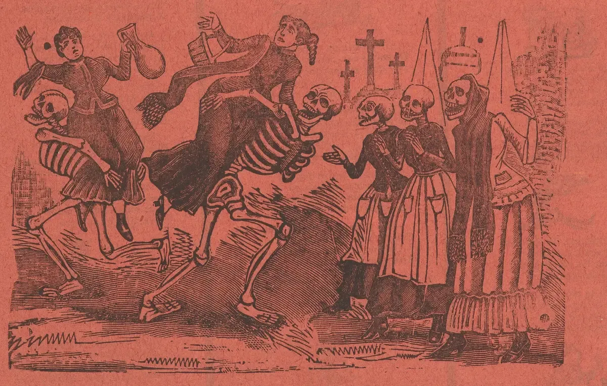 Calaveras bailan con mujeres en un panteón con cruces, en un grabado que ilustra esta guía del precio del pan de muerto
