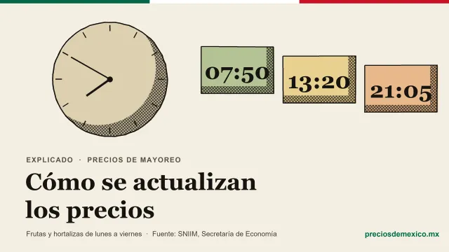 Ilustración de tinta y acuarela: un reloj de pared y tres tarjetas con las horas 07:50, 13:20 y 21:05 de la actualización