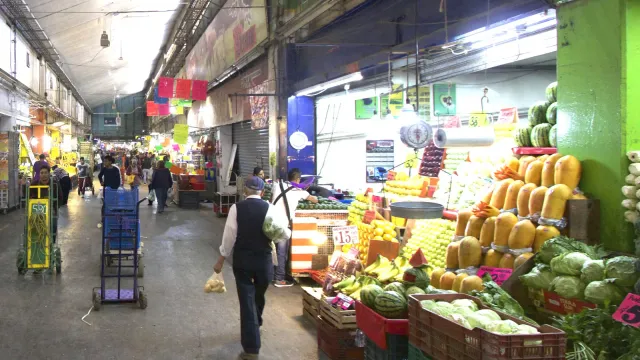 Pasillo de la Central de Abasto de la Ciudad de México con puestos de frutas y verduras y diablitos de carga